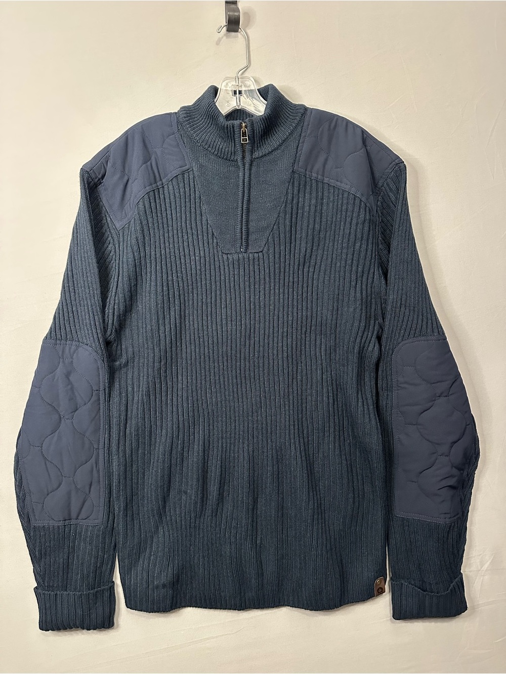 Men's Navy Ribbed Half-Zip Sweater with Quilted Elbow Panels